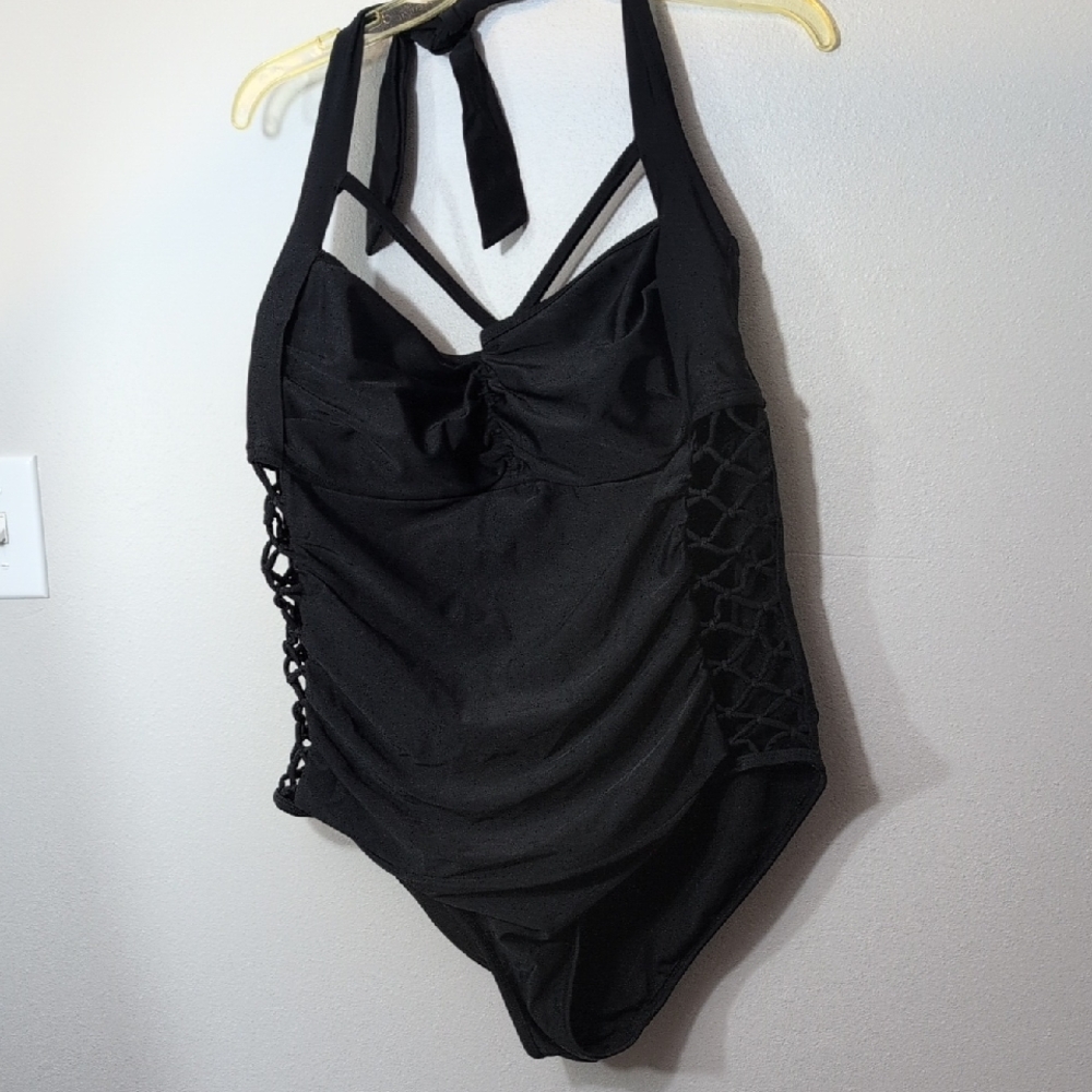 Ashley Graham Black Halter One-Piece Swimsuit